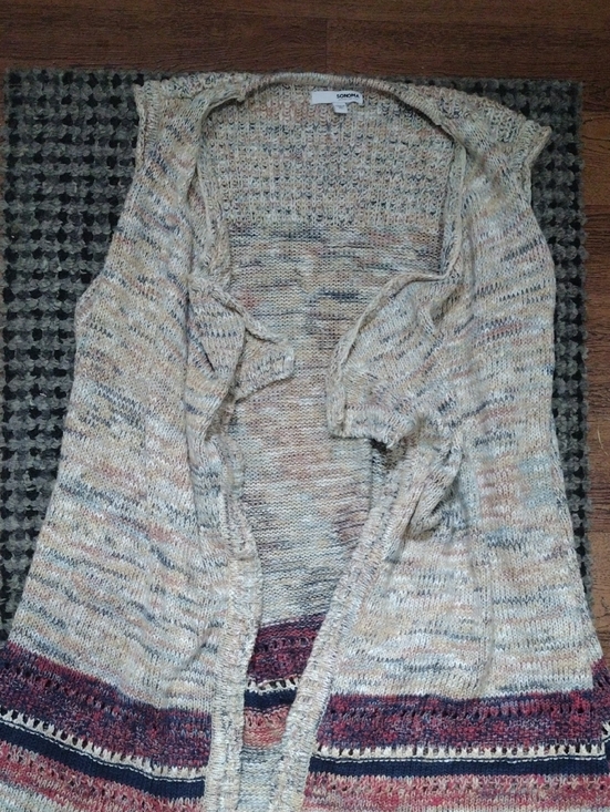 Sonoma Sweaters - SONOMA Cream Marled Open-Front Cardigan with Multicolor Hem Stripes